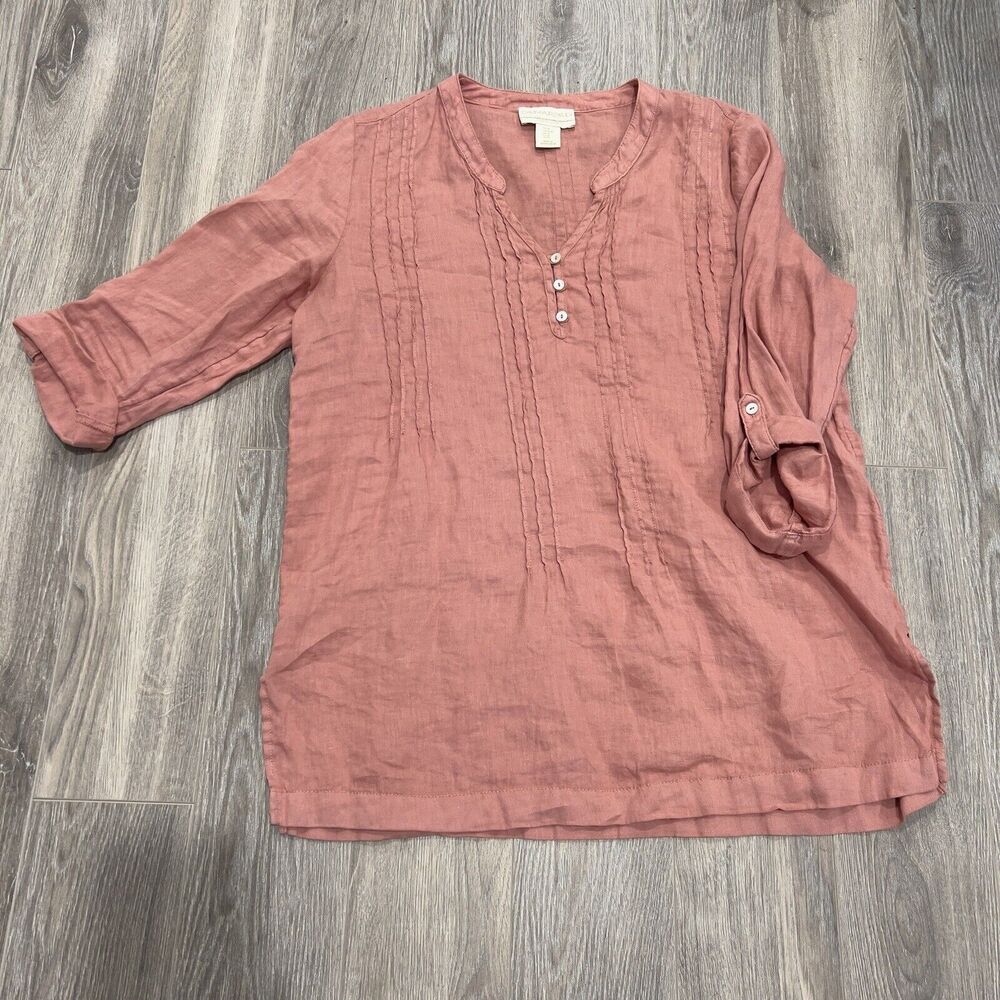 Cynthia Rowley Women Linen Pink Roll Tab Sleeve Tunic Top Blouse Lagenlook M